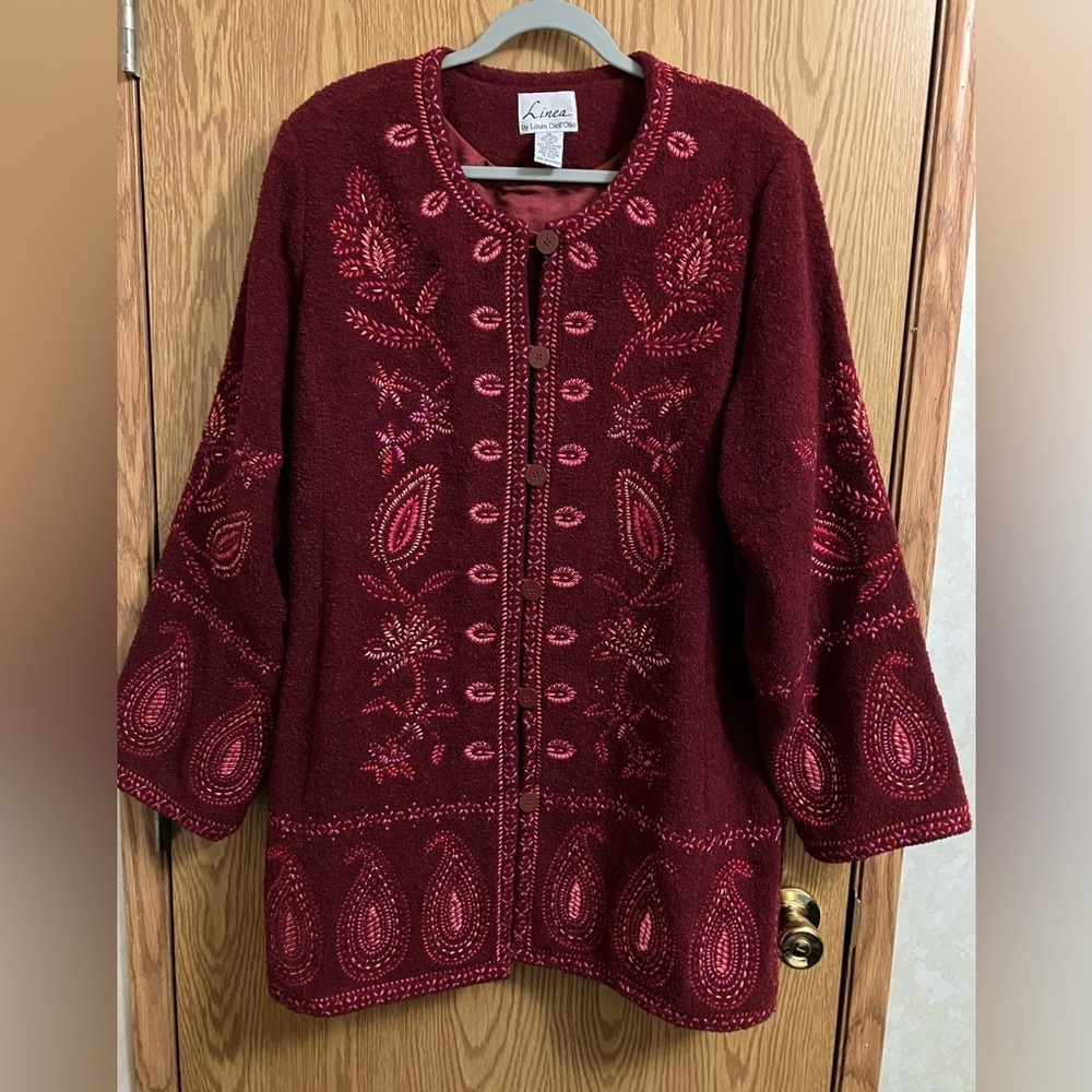 Linea by‎ Louis Dell'Olio Burgundy and Pink Embroidered Cardigan 1X FREE SHIP